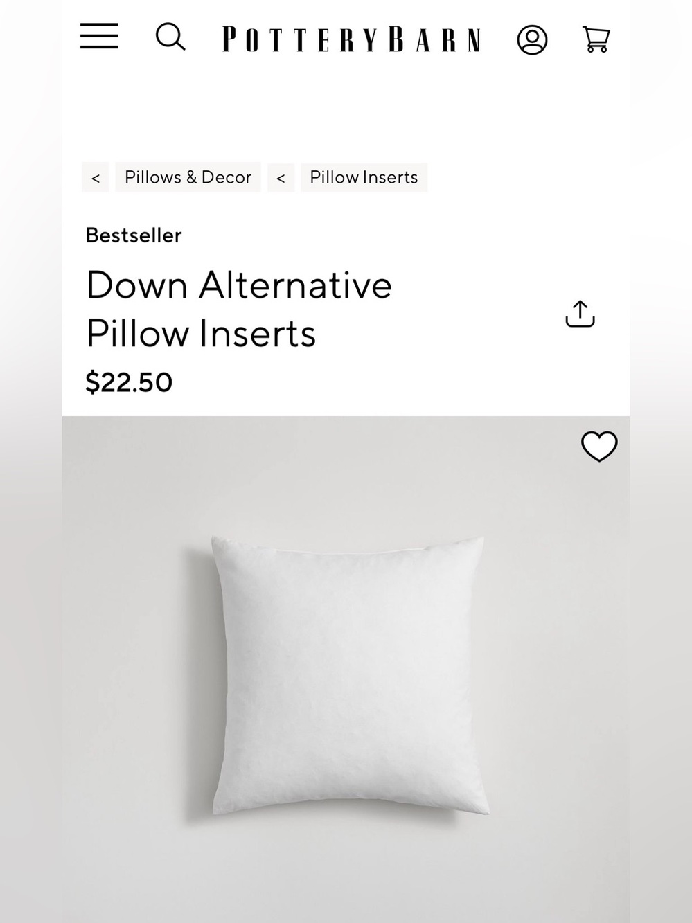 Pottery Barn 20” Pillow Inserts